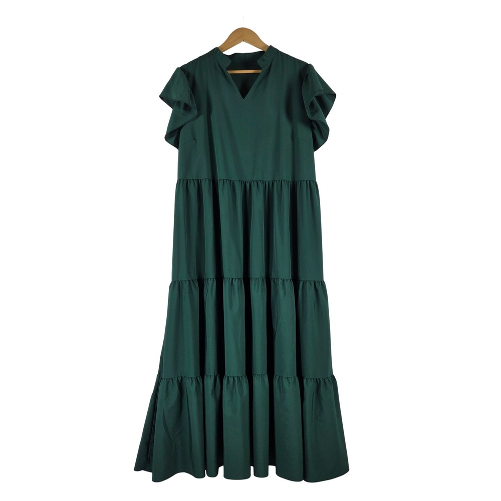 Shein Curve Forest Green Tiered Maxi Dress Plus Size 4XL V-Neck Ruffle Sleeve